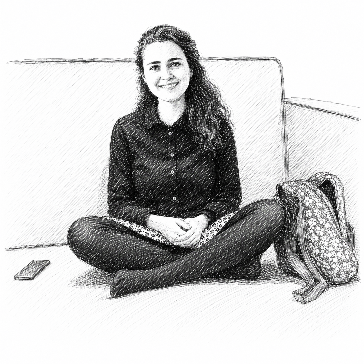 Minimalist black-and-white sketch of Marie-Eve Mahl